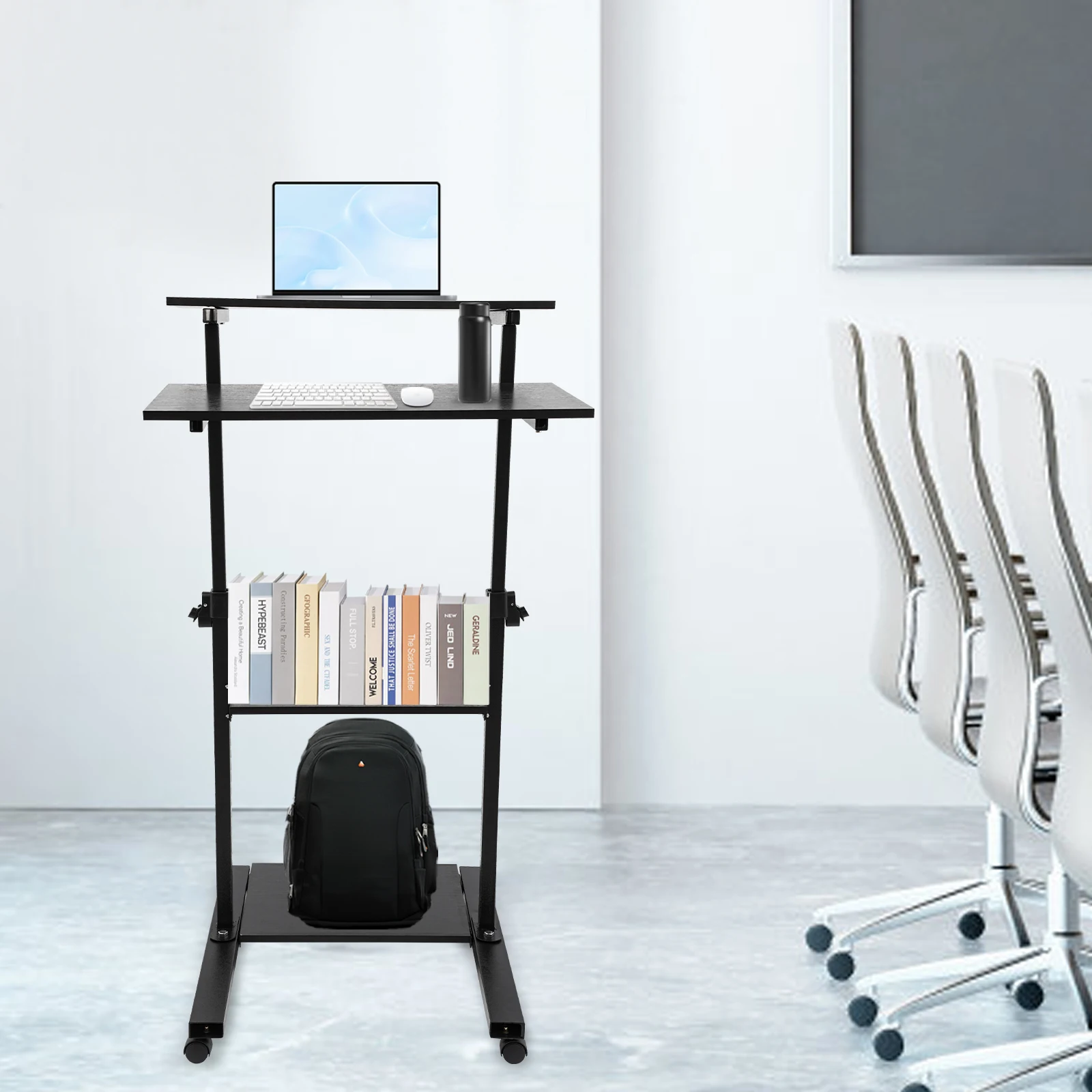 4 Tier Mobile Standing Desk Adjustable Height 3-4.6ft  Stand Up Workstation Rolling Cart with Wheels Ergonomic Computer Desk for Office Home