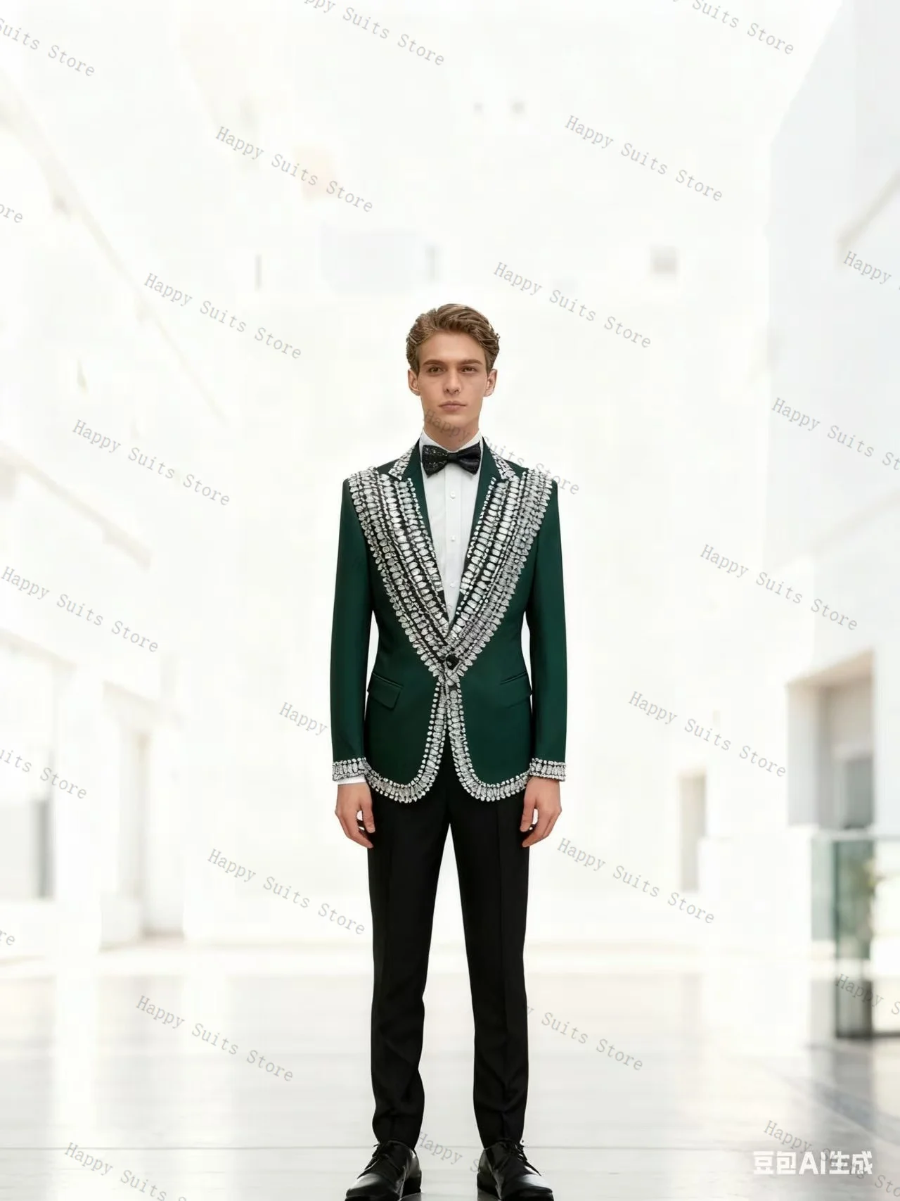 

Green Men Suit Set 2 Pcs Blazer+Cotton Pants Trousers Formal Office Coat Luxury Crystals Wedding Tuxedo Customized Jacket Outfit