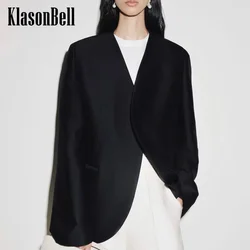 7.21 KlasonBell Women Fashion Suit V-Neck Hidden Breasted Long Blazer Or High Waist Patchwork Straight Pants Wool Silk Set