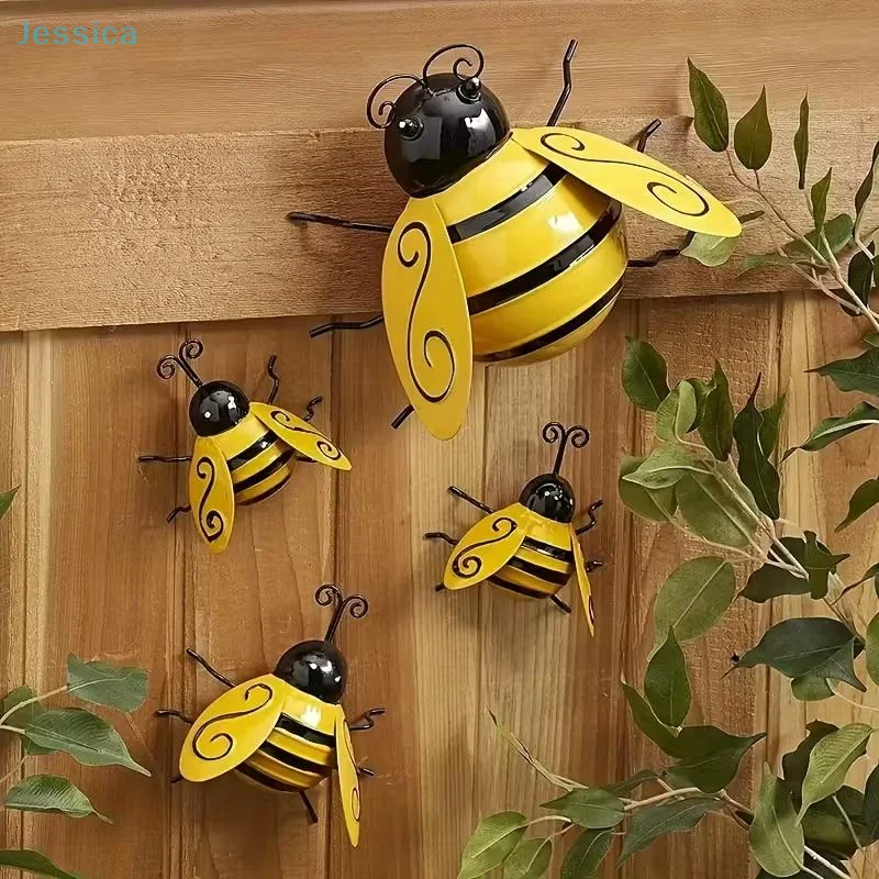 

♥4Pcs/Set Wrought Iron Bee Hanging Ornament, Garden Balcony Courtyard Metal Craft Wall Decoration
