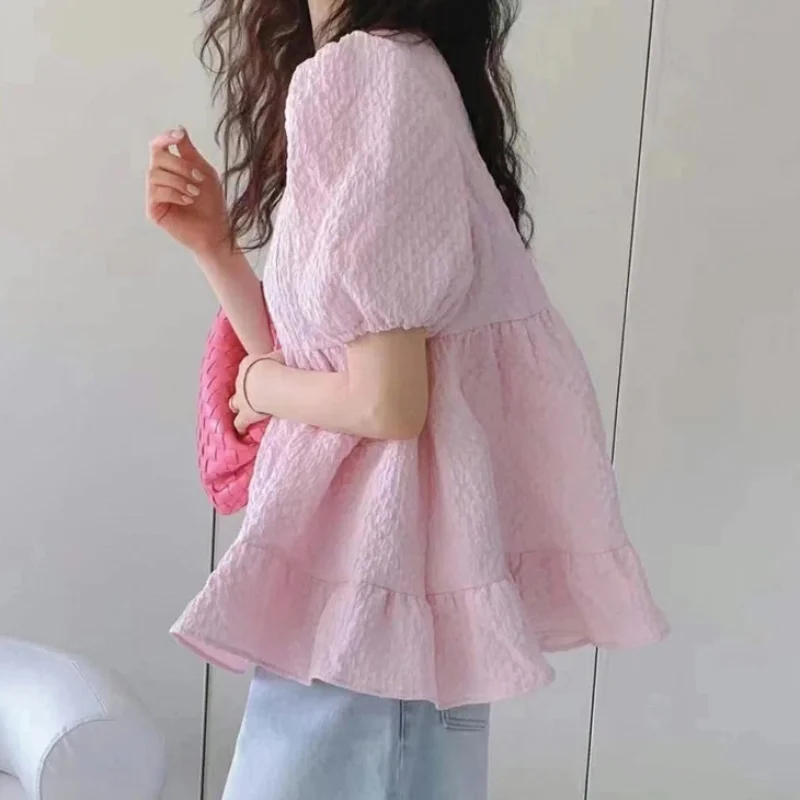 Chic Sweet Solid Puff Short Sleeve Blouse Women Solid Simple Ruffles Patchwork O-neck Shirts Japanese Casual Simple Blusa Mujer