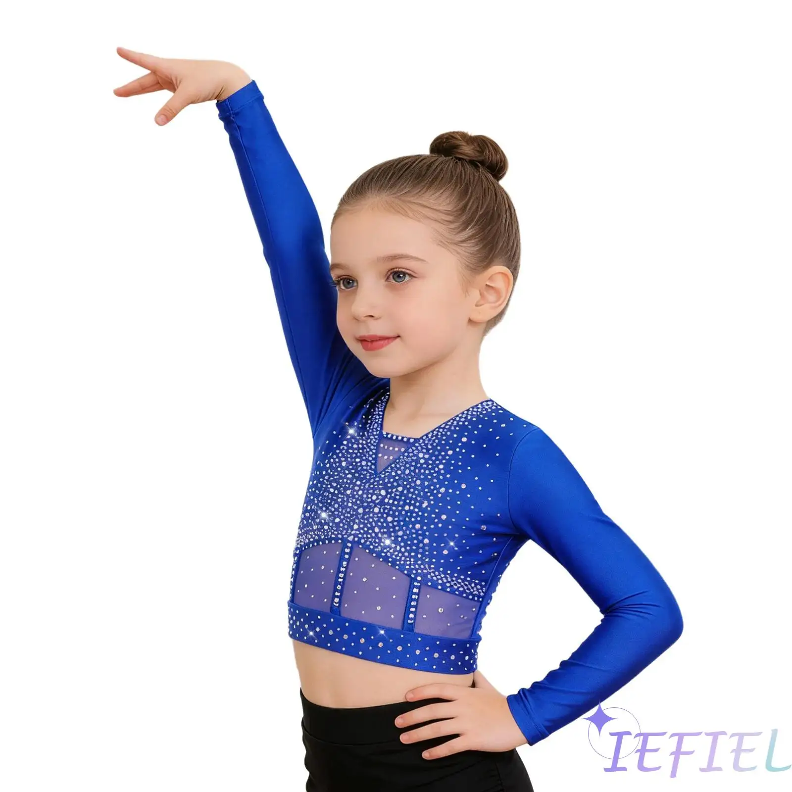 

Kids Girl Dance Crop Tops Long Sleeve Patchwork Rhinestones Top Figure Skating Dancewear for Ballet Gymnastics Dance Performance