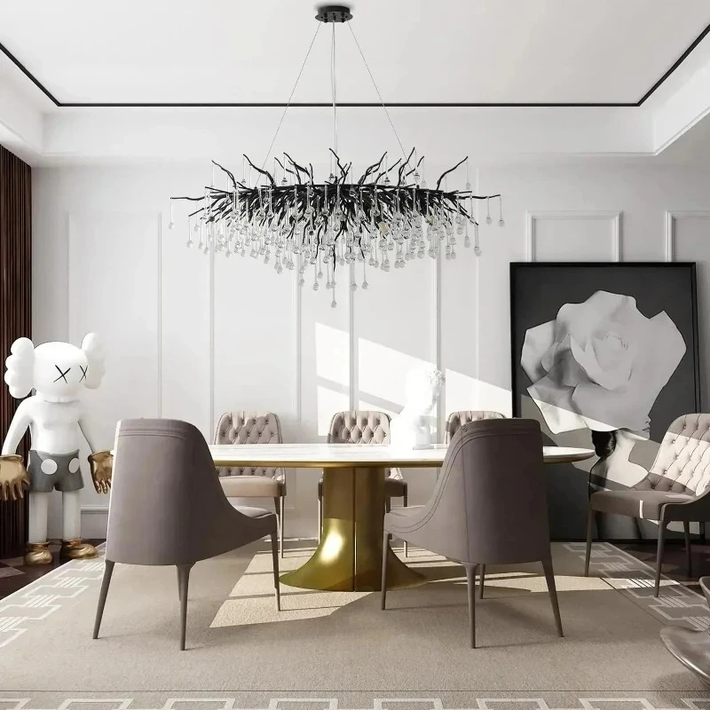 

French Designer LED Pendant Lights Luxury High-end Black Crystal Chandelier Nordic Creative Branch Living Dining Room Home Decor