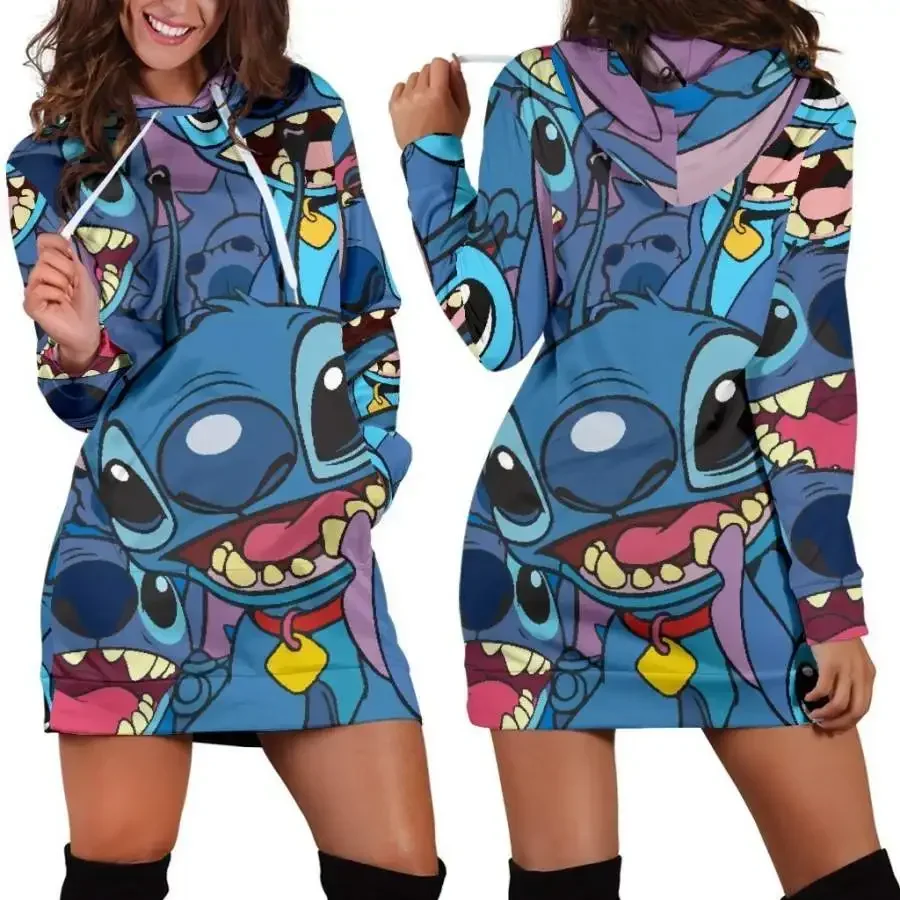 2024 New Disney Stitch Hoodie Dress Sweater Fashion Disney Dress Sweatshirt Dress 3d Allover Printed Hoodie for Women