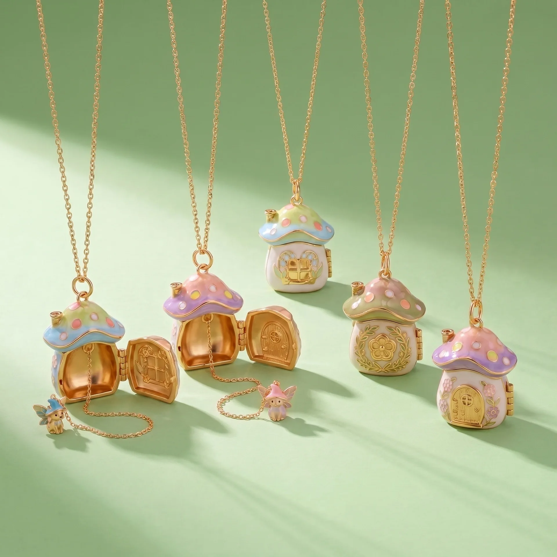 Vintage Elf Gradient Phase Box Open and Close Pendant Necklace Enamel Sweet Room Little People Mushroom Cute Necklace Jewelry