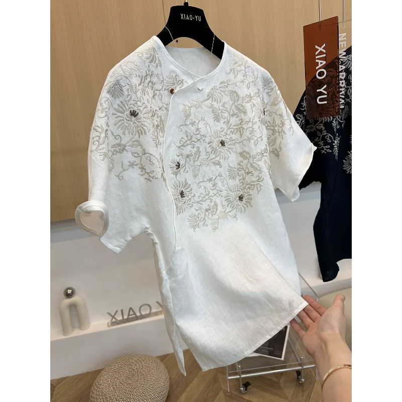 2025 New High-end Fashion Heavy Industry National Style Embroidered Cotton Linen Round Neck Short-sleeved Shirt Top
