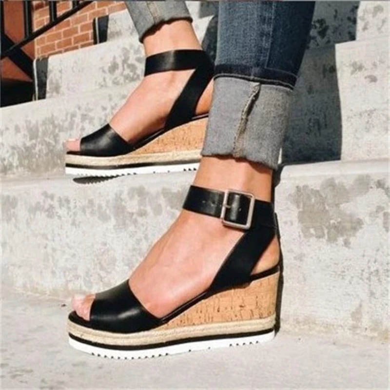 Large Size Wedges Sandals Women Rome Retro Buckle Fish Mouth Solid Color Slippers Casual Comfortable Shoes Zapatos De Mujer