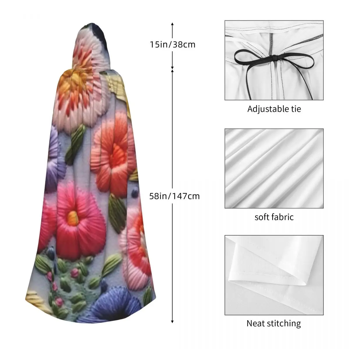 Bordado floral intrincado em tecido leve longo com capuz capa bruxa traje medieval cosplay capa halloweenparty adulto unisex