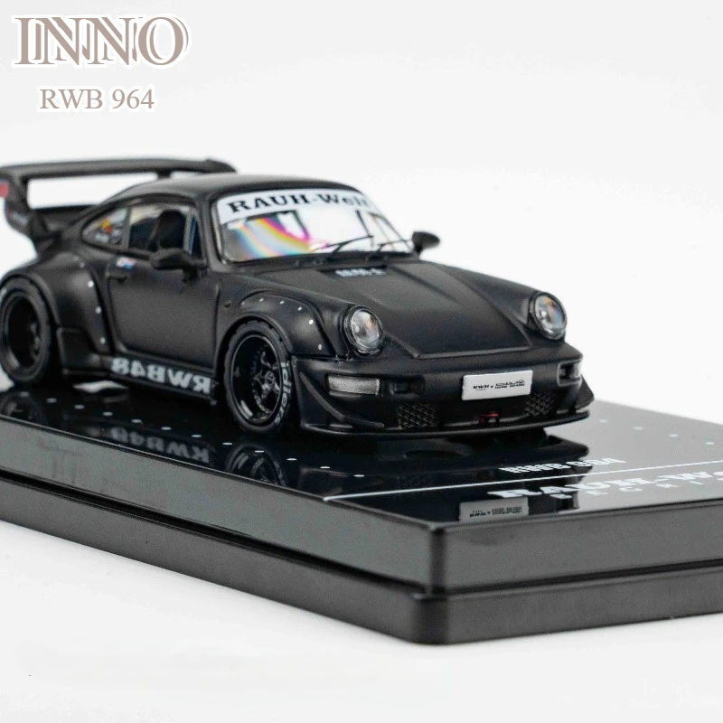 

INNO 1:64 Alloy RWB 964 Black Matte - A dark, matte black automotive model collectible piece, suitable as a gift for boys.