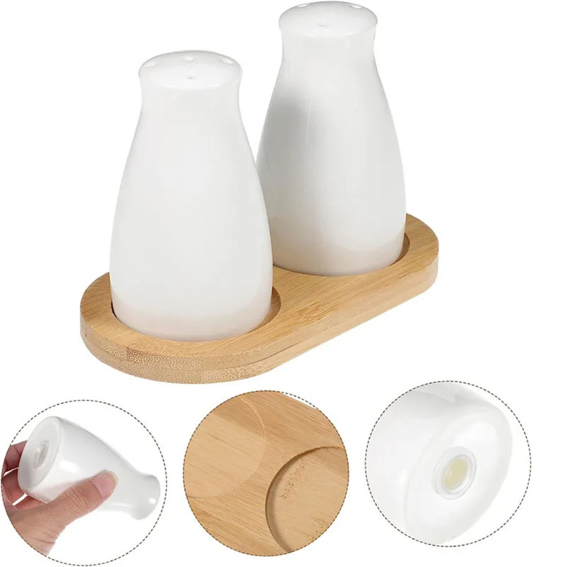 Salero y pimentero de cerámica con bandeja de bambú, 2 piezas, moderno, color blanco, para decoración de mesa de cocina de granja