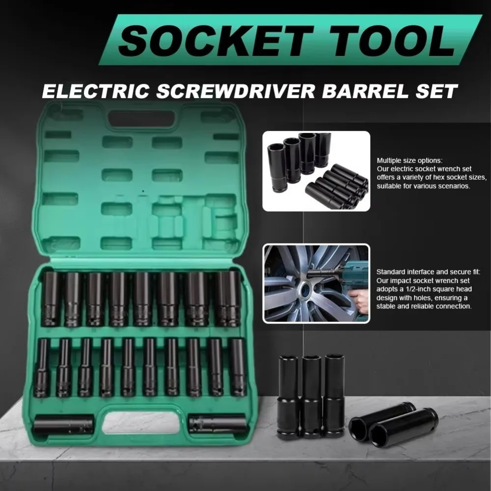 

1/2 Inch Drive Electric Wrench Socket Set 8-32mm High Hardness Hexagonal Impact Sleeve 6 Point Hex Extended Length