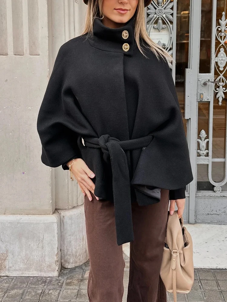 المرأة الجديدة الدانتيل يصل عالية الرقبة جاكيتات للنساء حزام فو الصوف يمزج كيب معاطف الخريف الشتاء الدافئة أنيقة عباءة معطف السيدات