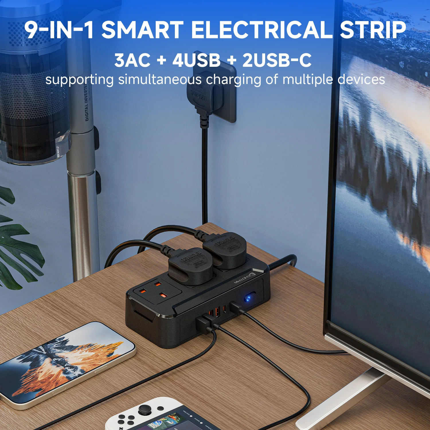 2500W UK Plug AC Outlets Multitap Socket Extension Cord Electrical Power Strip USB Type C Fast Charge Network Filter Adapter