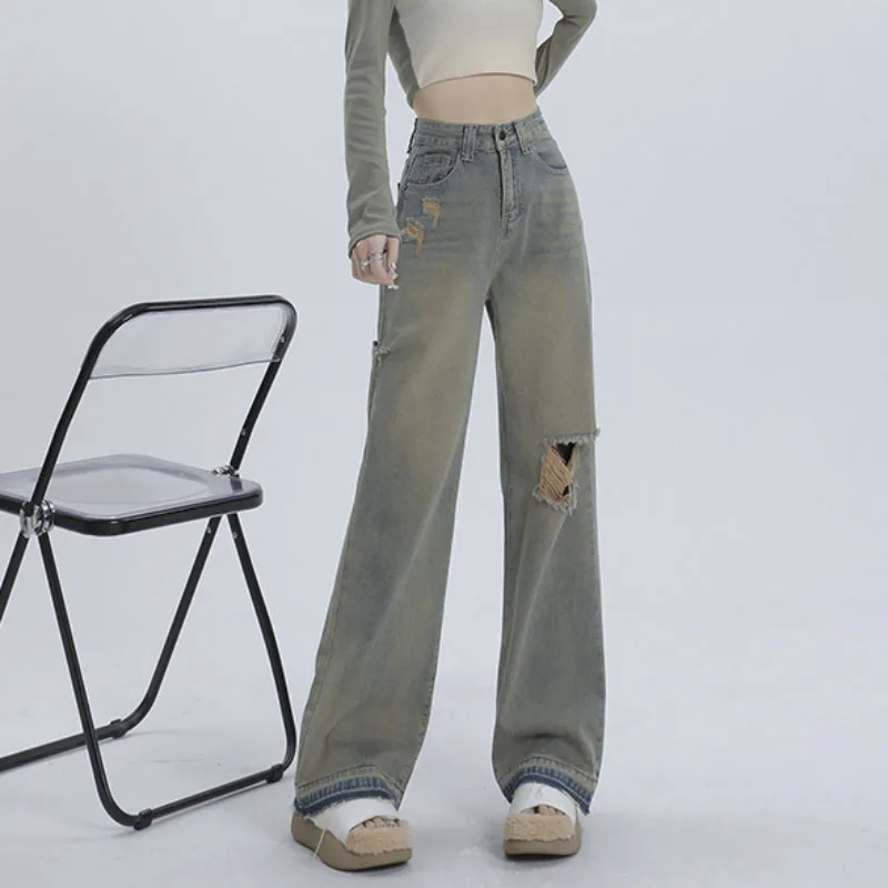 

Streetwear Straight Pants Women Ripped Jeans High Waist Loose Wide Leg Pants Ladies Jeans Y2K Summer High Street Pants