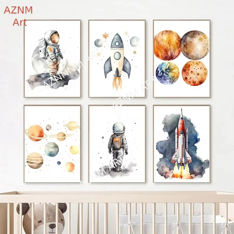 1pc Astronaut Raumschiff Rakete Raum Planet Kindergarten Wand Kunst Leinwand Malerei Nordic Poster Und Drucke Bilder Für Zimmer Dekor