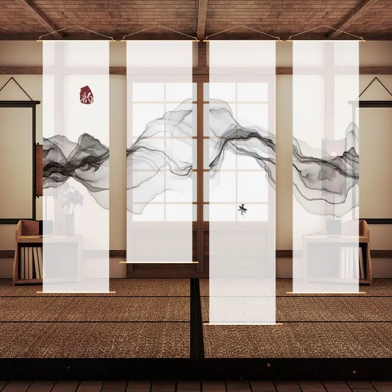 ✨ Hanging Room Divider – Japanese Ink Wash Mountain Print Semi-Sheer Chiffon Screen, Zen Garden Partition for Tea Room