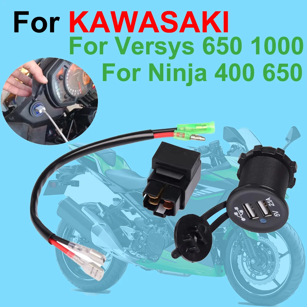 

For Kawasaki Versys 650 1000 X300 X650 Ninja 400 650 with Relay Anti-Short Circuit Dual USB Charger Motorcycle Accessories