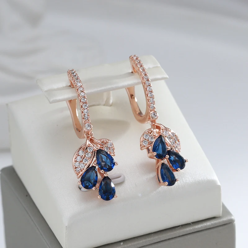 Luxury Full Zircon Drop Blue Dangle Earrings for Women 585 Rose Gold Color Geometric Fashion Fine Jewelry Party Wedding Earrings