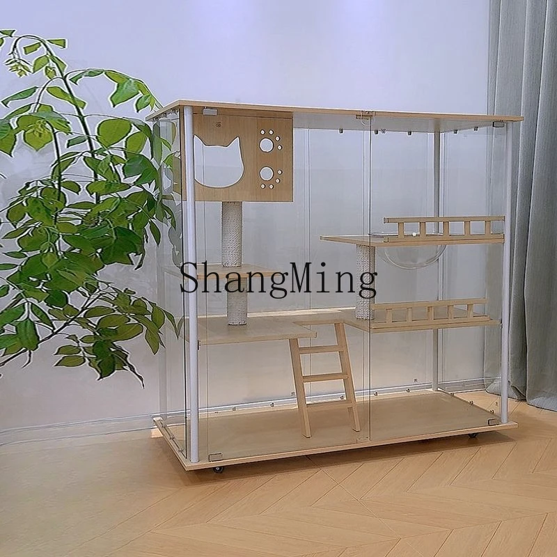 SM High Transparent Glass Cat Cage Solid Wood Household Indoor Double Layer Large Space Freestyle Cat Cabinet