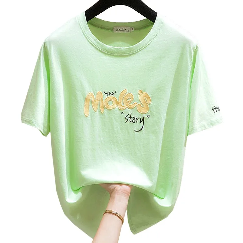 Girl Summer T Shirt Casual New Embroidery Letter The Moles Story Thesfory Harajuku Lady Tees Light Green Loose Tops Female 2022