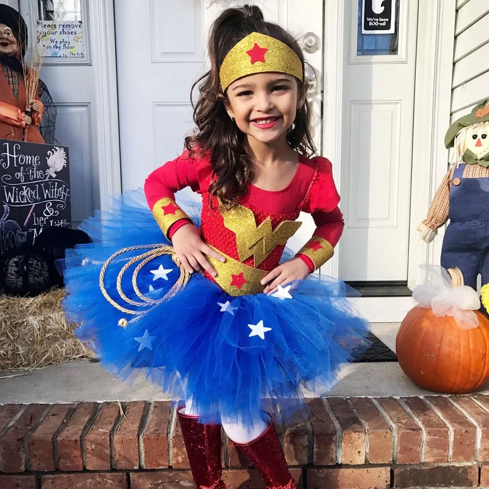 

Kids Girls Superhero Mesh Tutu Dress Headwear Set Children Halloween Cosplay Costumes Pretend Princess Party Role Play Outfit