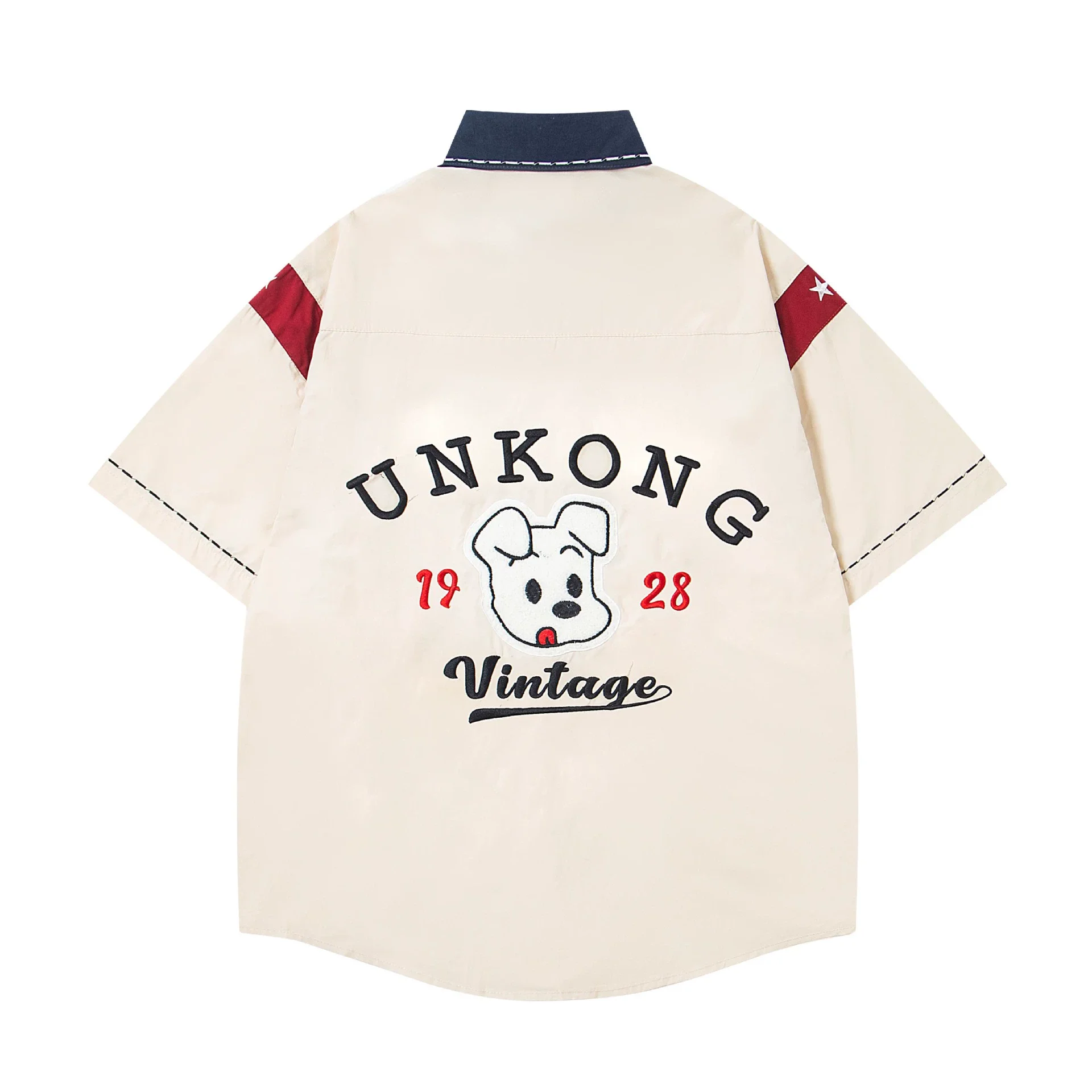 Puppy Embroidery Spliced Cargo Shirts Mens Vintage Streetwear Summer Lapel Single Breasted Short Sleeve Shirts Men
