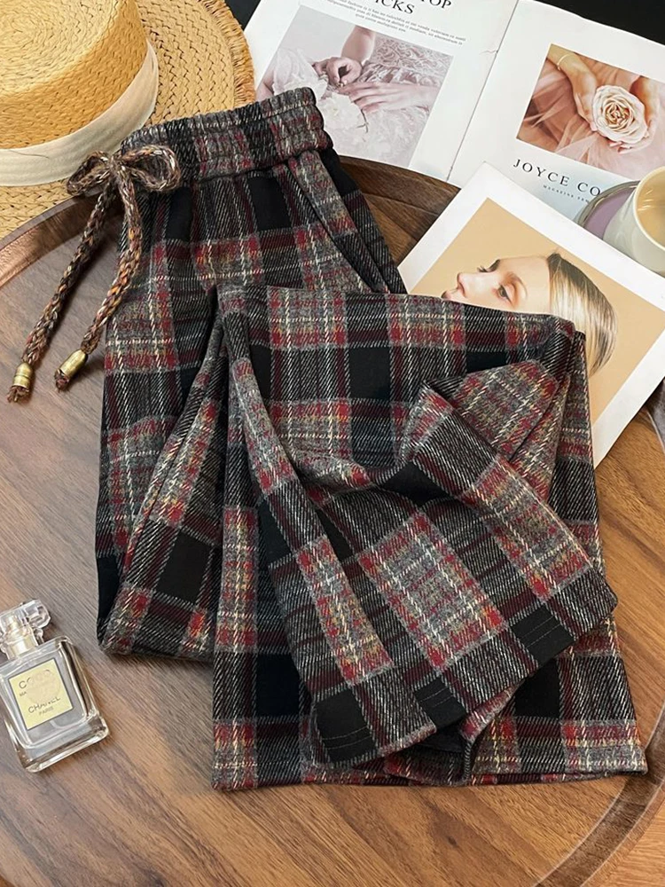 Ropa de calle Retro, pantalones a cuadros para mujer, pantalones rectos holgados de Hip Hop con cordones, pantalones de pierna ancha informales Vintage Harajuku Bf de cintura alta