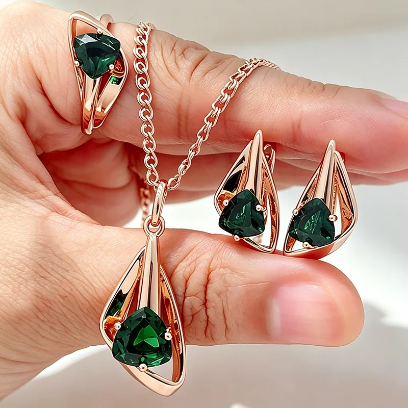 Kinel Einzigartiges Grünes Natürliches Zirkon 3-teiliges Set für Damen, Modischer 585 Roségold-Ring, Ohrringe, Halskette, Täglicher Vintage-Schmuck