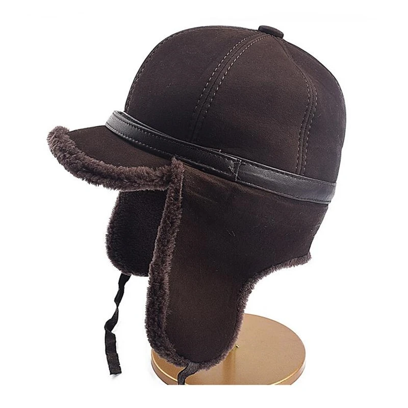 Berretto invernale Unisex con visiera in lana per uomo e donna cappelli con paraorecchie in velluto Casquette in vera pelle di pecora IL00688