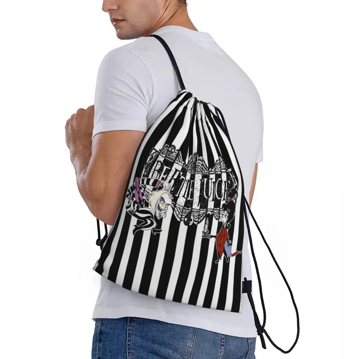 Custom Movie B-Beetlejuices And Lydia Drawstring Bag  Lightweight Cartoon Tim Burton Horror Film Sports Gym Storage Backpack