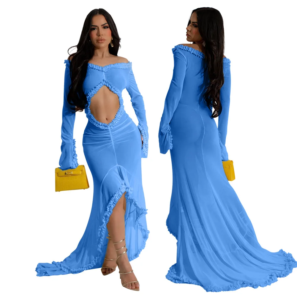 Vestido largo de empalme de manga larga con cuello en V para mujer, traje Sexy ajustado, transparente, elegante