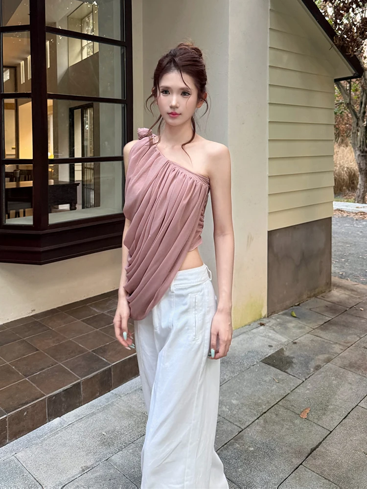 ReddaChic One-shoulder Draped Chiffon Top Women Summer Rose Applique Stacked Sleeveless Cropped Tank Top Simple Everyday Wear