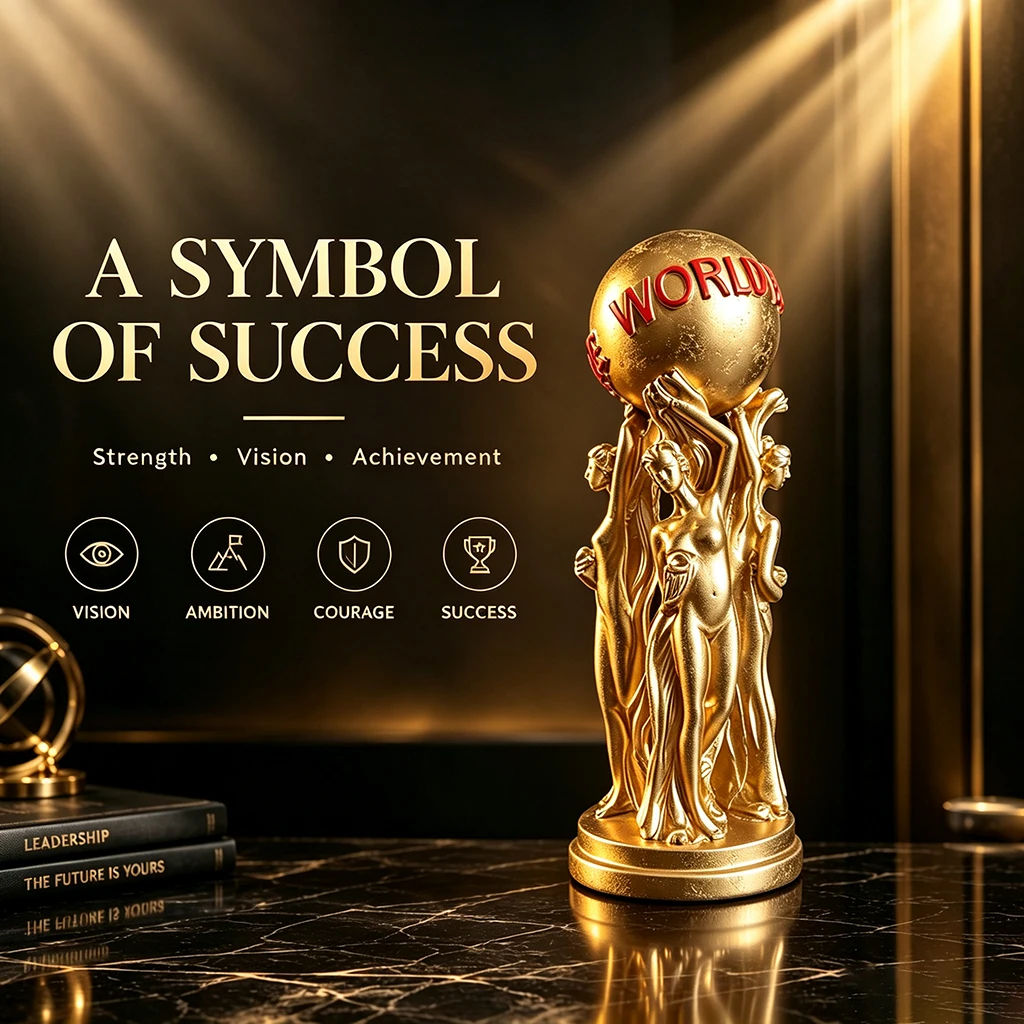Gold Woman Holding Globe Statue, Resin Success Sculpture, Modern Office Desk Decor, Inspirational Home Decoration Gift