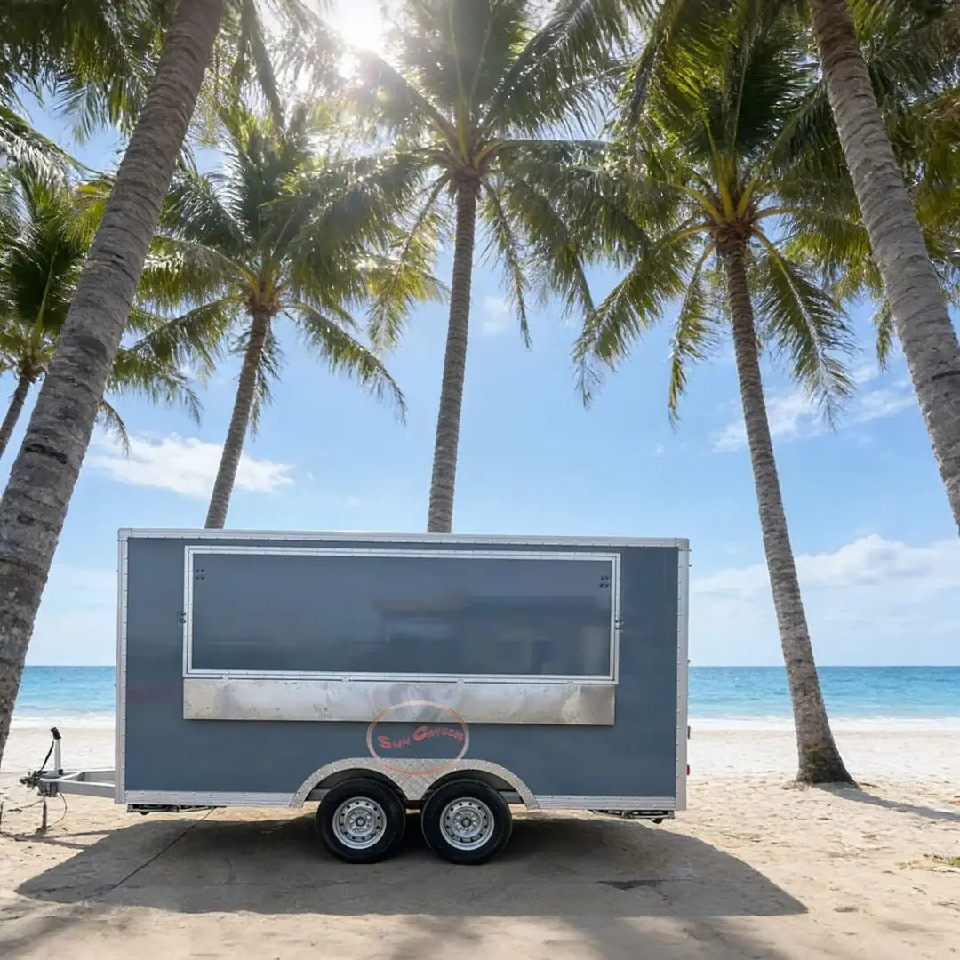 

Грузовик для еды из стекловолокна, мобильный кухонный прицеп, рабочая станция из нержавеющей стали, холодильник в комплекте, настраиваемый грузовик для общественного питания