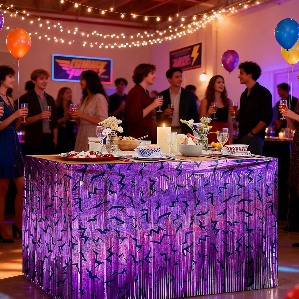 Purple Table Skirt,Hunter Theme Foil Fringe Table Skirt for Rectangle Tables, Party Decorations for Birthday, Bachelorette, Mard