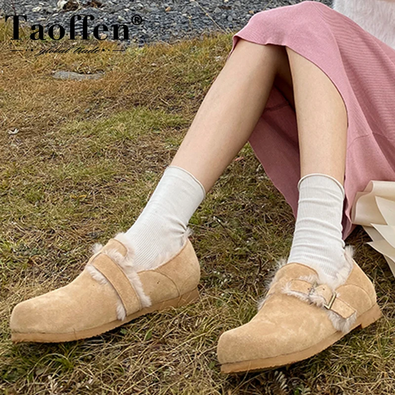 

Taoffen New Arrivals Woman Flats Real Leather Plush Warm Winter Shoes For Woman Fashion Daily Shoes Footwear Size 34-41