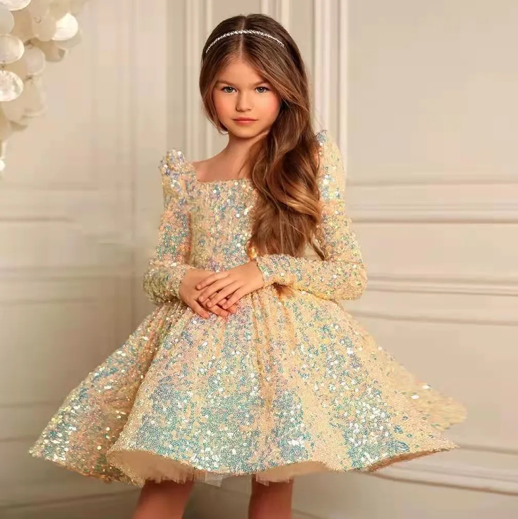 Boutique Autumn Winter Kids Golden Blue Red Sequin Fancy Prom Princess Gown Baby Girl's Party Birthday Dresses