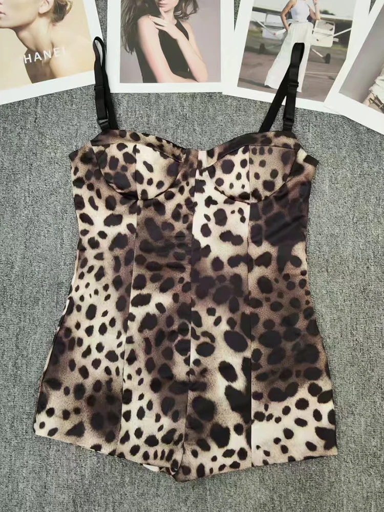 Retro leopard print adjustable shoulder sexy strapless halter jumpsuit 2025 Spring women's new jumpsuit fashion tights