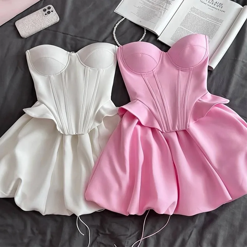 

French Small Fragrant 2 Piece Sets For Woman Hotsweet Sexy Strapless Top + High Waist Short Skirt Two Piece Outfits