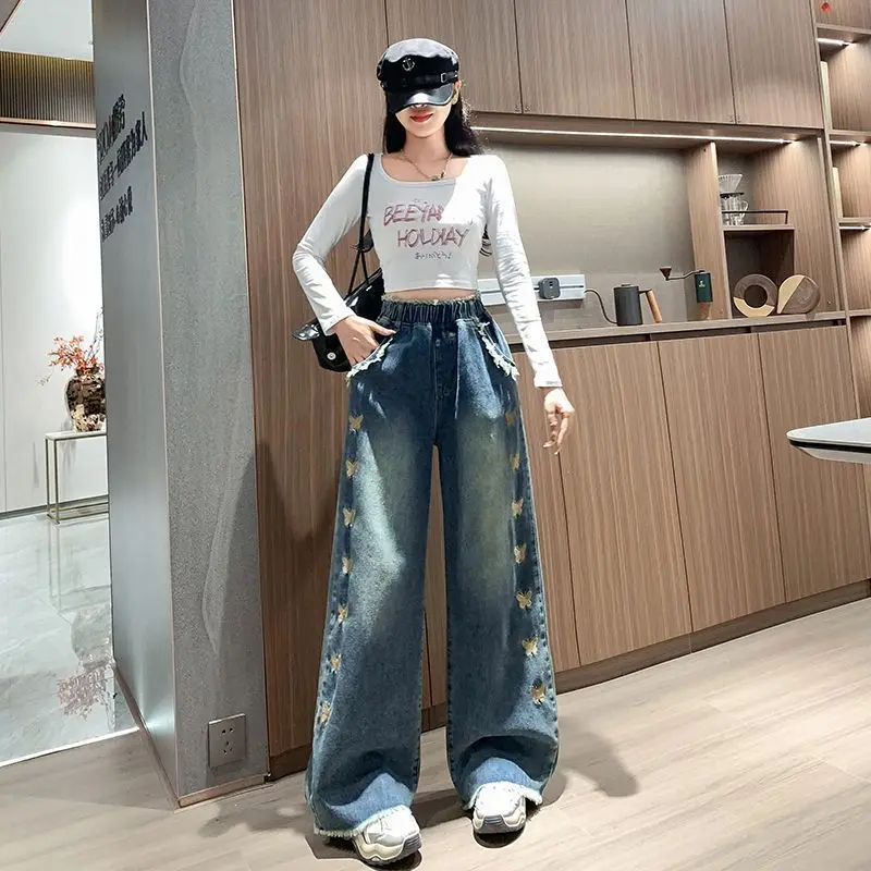 Korea Wide-Leg Jeans Women Spring Summer 2025 New High-Waist Loose Draping Slim Embroidery Design Niche Wide-Leg Trousers