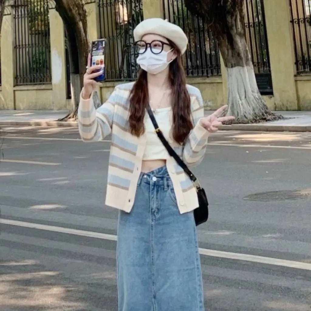 여성용 스트라이프 니트 가디건 재킷 초가을 얇은 부드러운 한국식 시크 짧은 긴 소매 탑