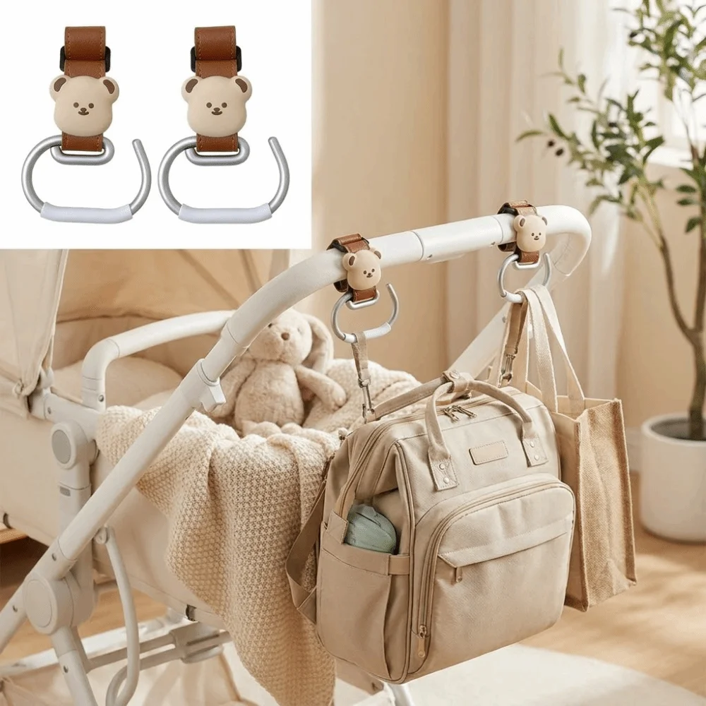 Cute Bear Design Stroller Hooks Non-Slip Leather Material Stroller Clips Large Carabiner Clips Universal Stroller Hooks
