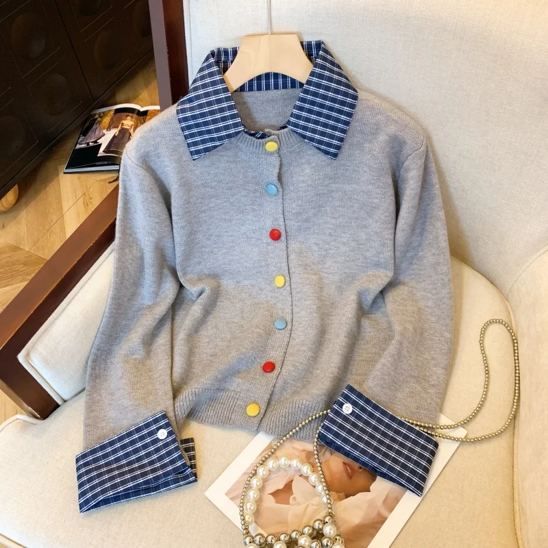 

Women's Splicing Long Sleeve Tops Fake Two-piece Knitted Cardigan Temperament Long Sleeve Sweater Jacket Autumn Winter 2024