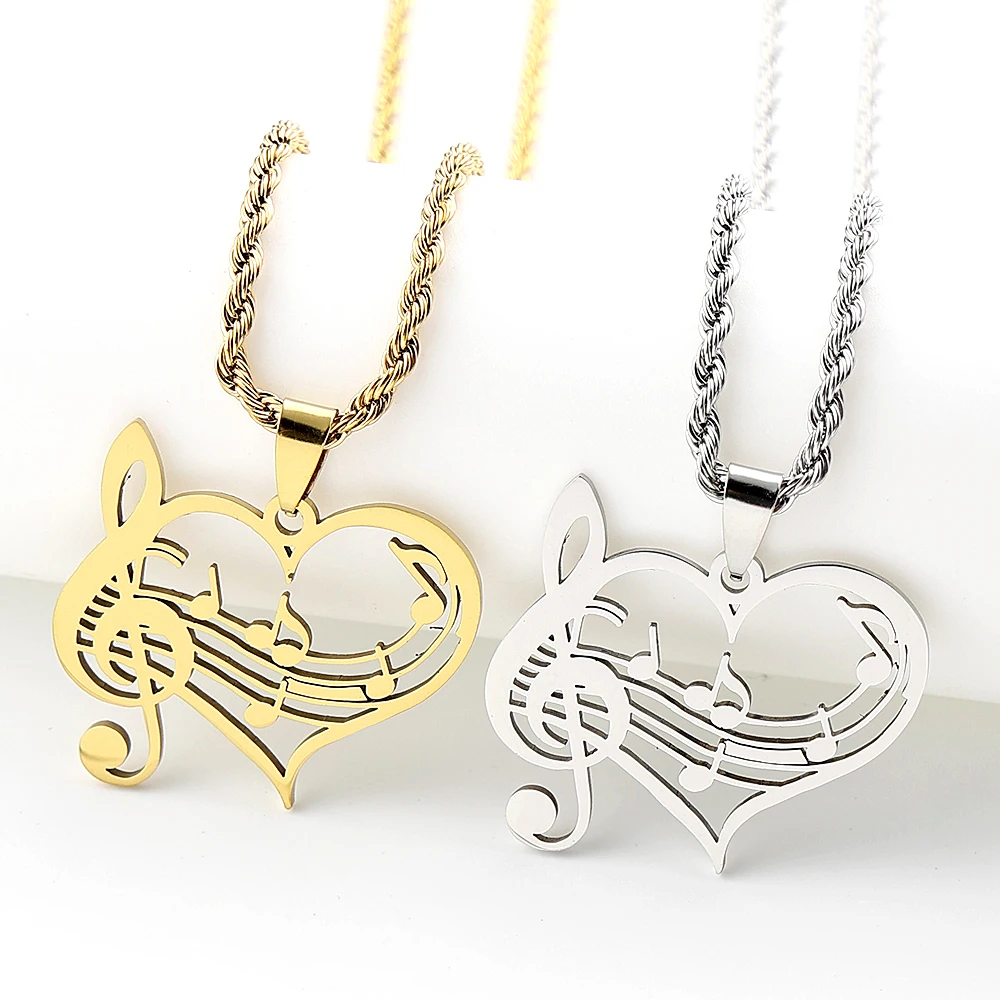 Heart Treble Clef Music Note Pendant Necklace Stainless Steel Sheet Music Charm Silver Color Chain Jewelry Gift For Music Lover