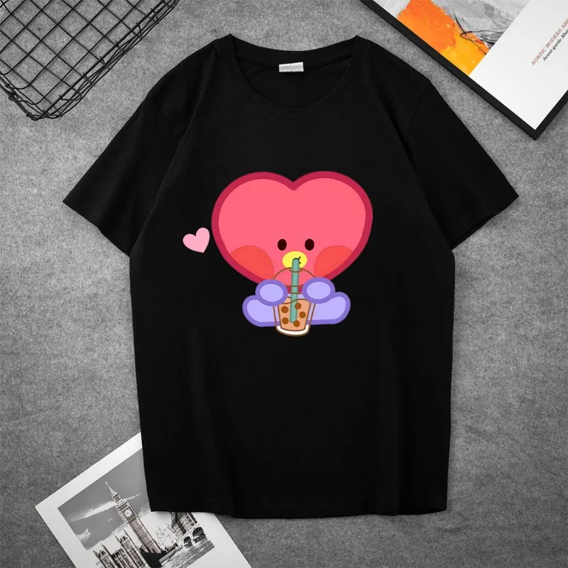 BT21 Cute Doll Cartoon COOKY KOYA Black White Summer Print T-shirt Anime Kawaii RJ Couple Casual Bottom Shirt Loose Short Sleeve