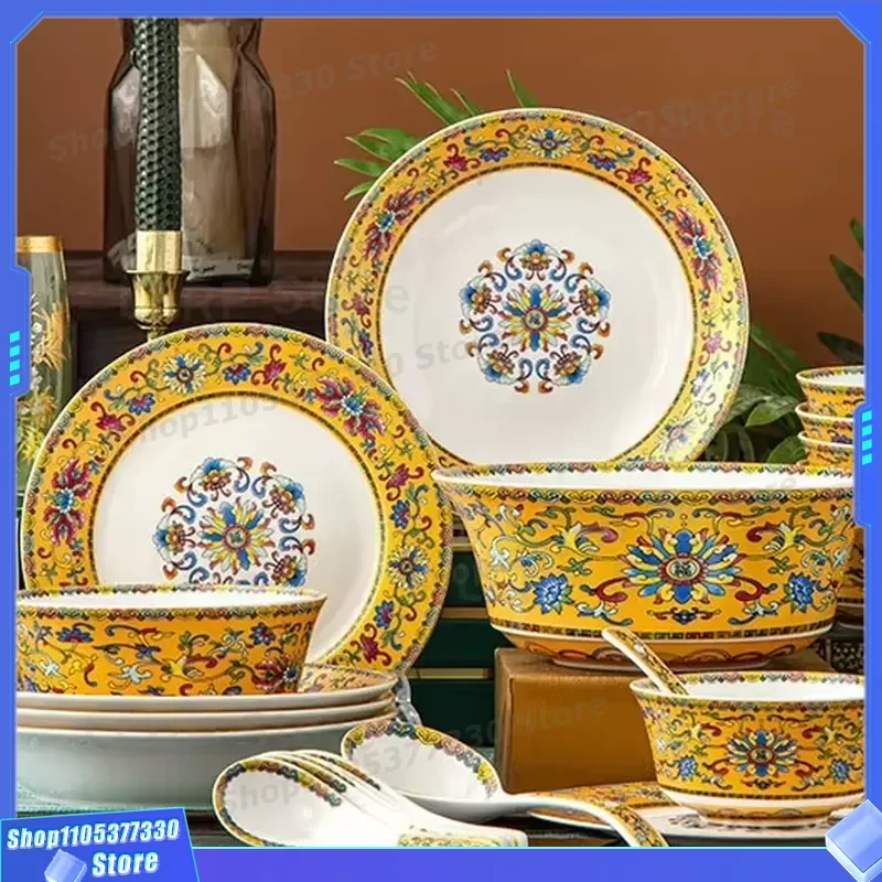40 Piece Ceramic Dinnerware Set Enamel Painting Process Exquisite Tableware Collection For Family Dining Room Elegant Gift
