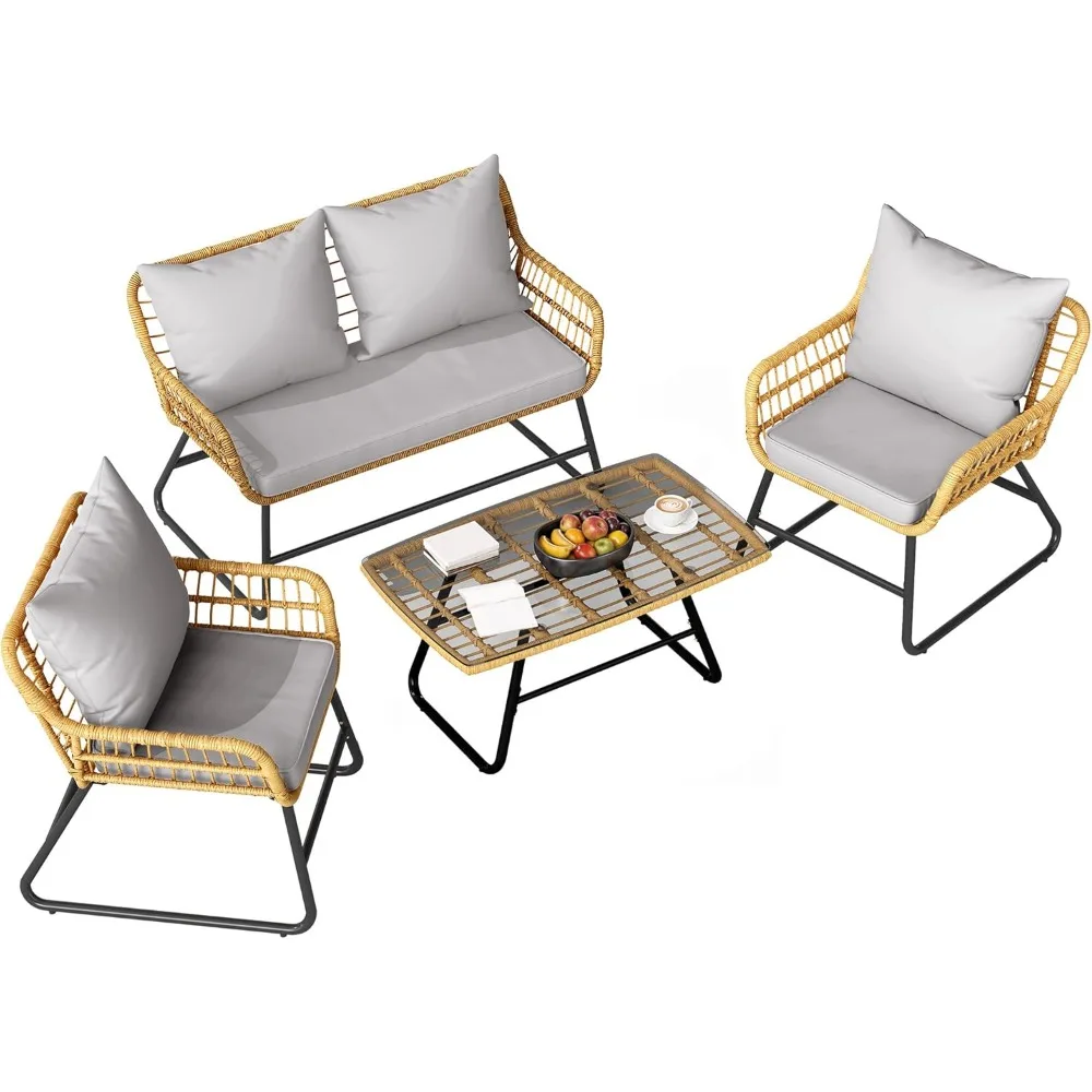 

Outdoor Conversation Set 4 Piece, Outdoor Wicker Bistro Set with Removable Cushion, Wicker Patio Furniture for Garden, Backyard
