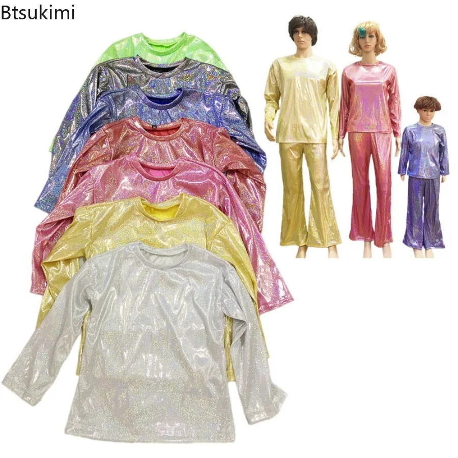 Boys Girls Clothing Hip Hop Jazz Dance Costumes for Kids Halloween Metallic Shiny T-shirt Sparkly Dance Tops Street Long Sleeve