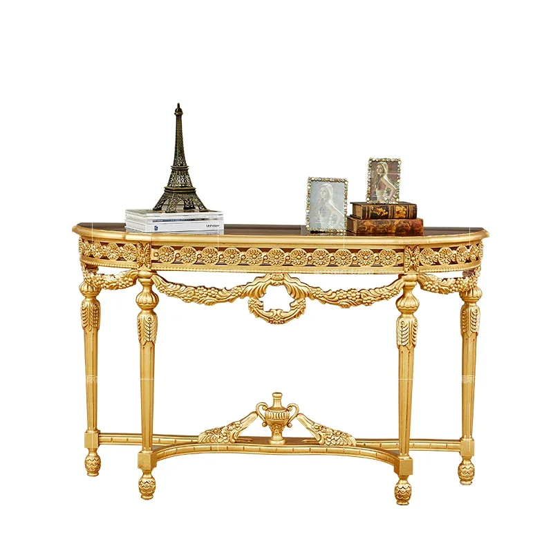 French New Classical Wood Carved Gold Foil Distressed Console Tables European Luxury