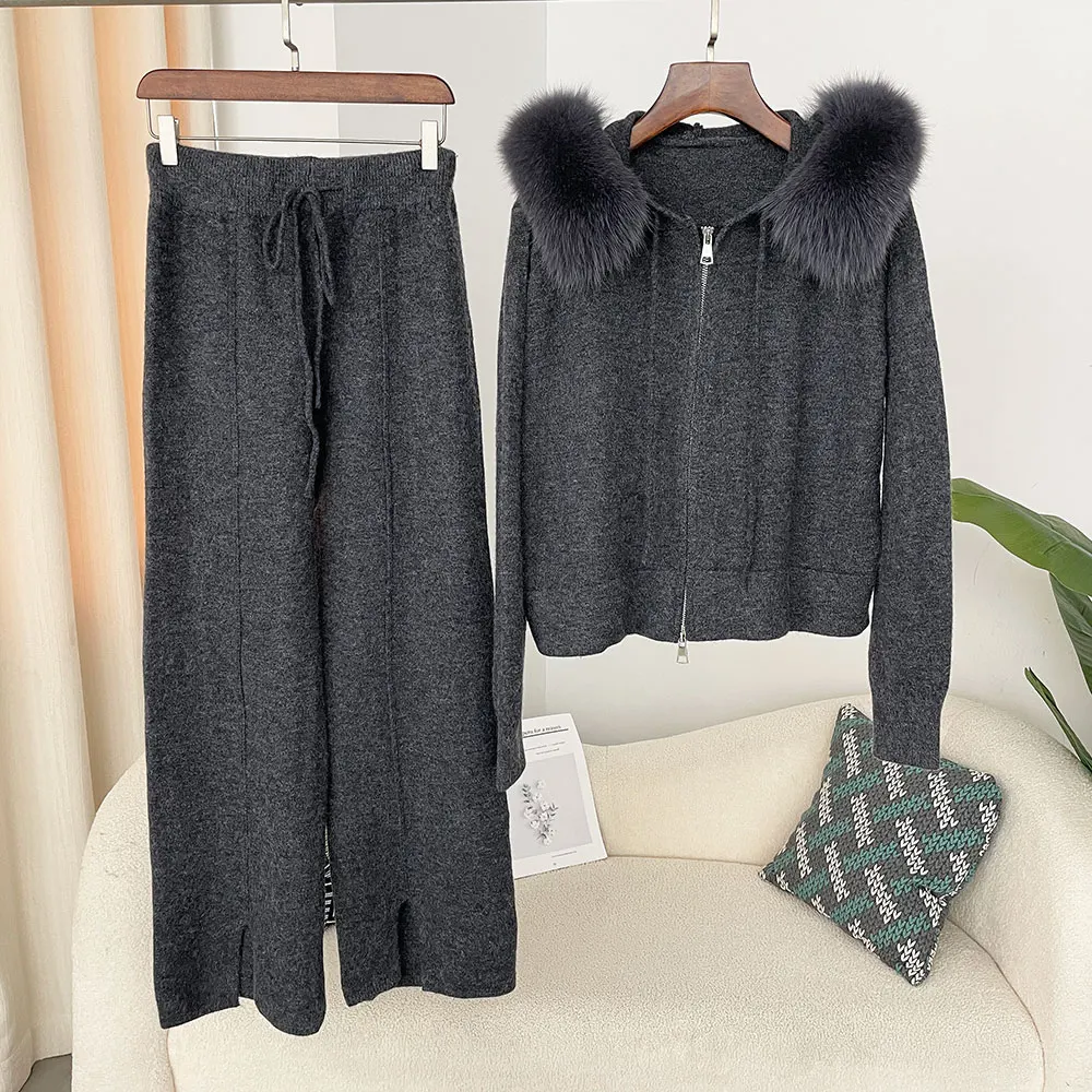 Knitwear Trousers Hooded Jacket 2024 Autumn and Winter Fashionable Sweater Suit Women Detachable Fox Fur Collar Fur Coat